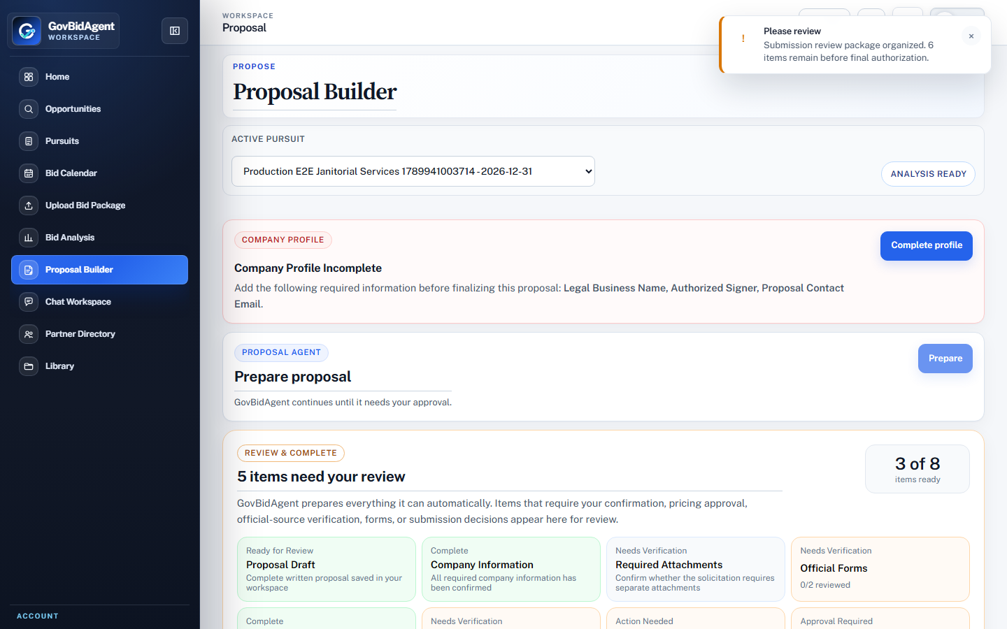 Real GovBidAgent Proposal Builder workspace showing pursuit readiness and source-grounded proposal preparation